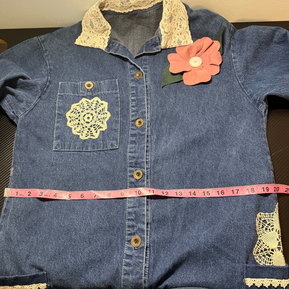 🌸 Grandma Core Reworked Denim Midi Dress Lace Butterfly Cottagecore 🦋 - Picture 13 of 15